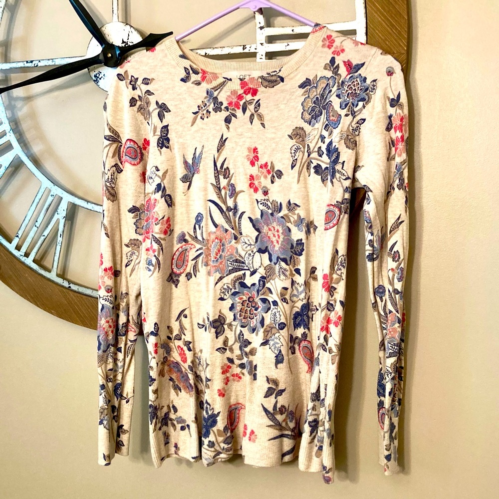 Loft Peplum floral cream purple and pink sweater size medium